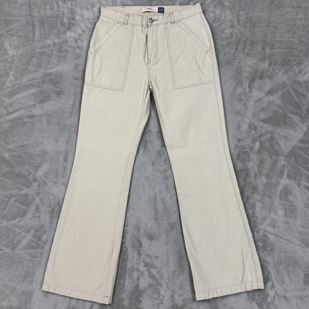 VTG Gap Pants Womens 10 Khaki Ivory Beige Flare Canvas Patch Pockets 90s Y2K